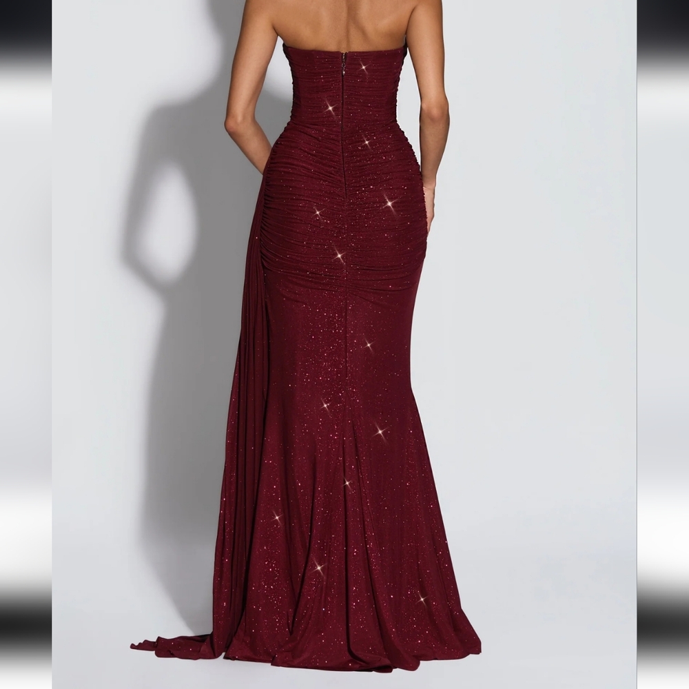 Strapless Burgundy Sparkle Evening Gown - Picture 4 of 9